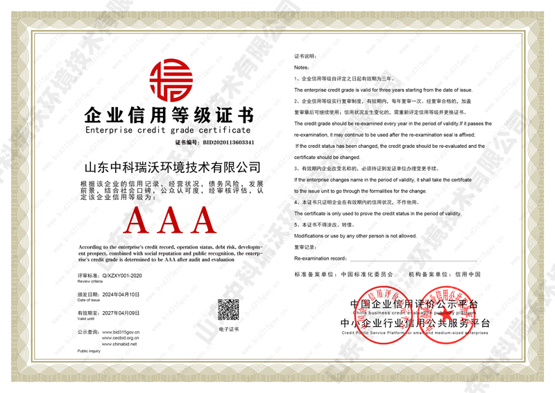 企業信用等級證書